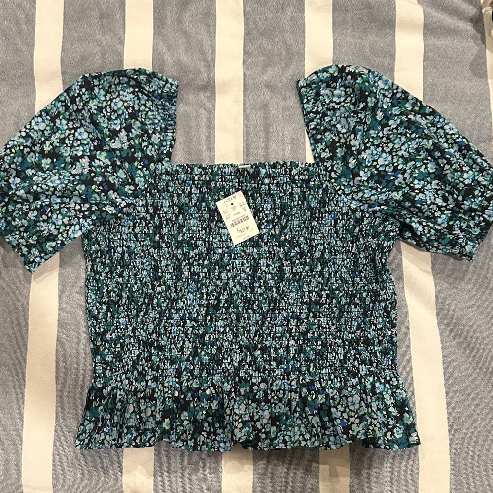 J. Crew Floral Smocked Blouse - Blue and White